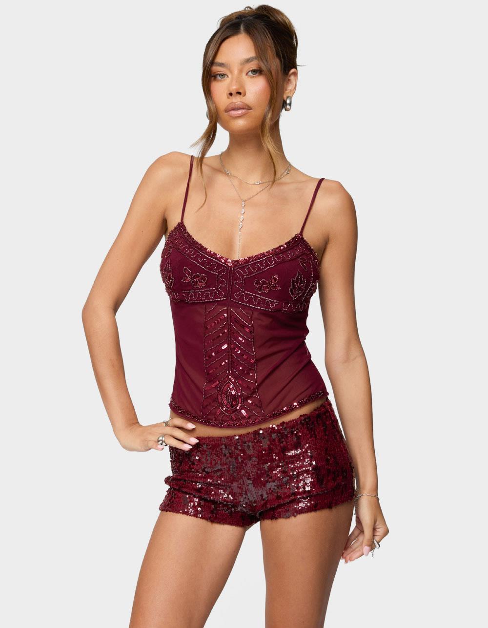 EDIKTED Azelia Beaded Sheer Mesh Top