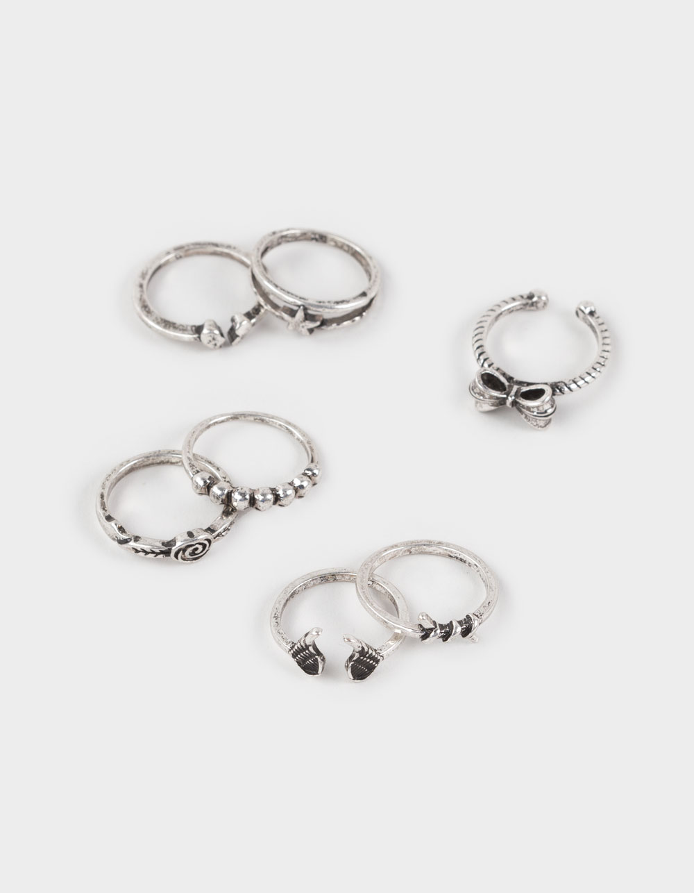 FULL TILT 7 Pack Bow/Wings/Star Dainty Rings - SILVER