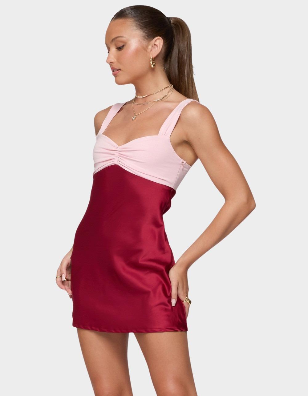 EDIKTED Contrast Satin Effect Mini Dress - DK RED