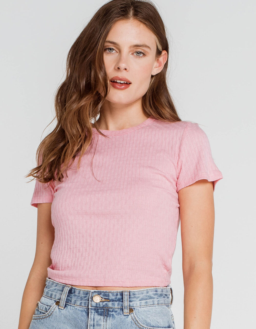 HEART & HIPS Pointelle Womens Pink Baby Tee - PINK | Tillys