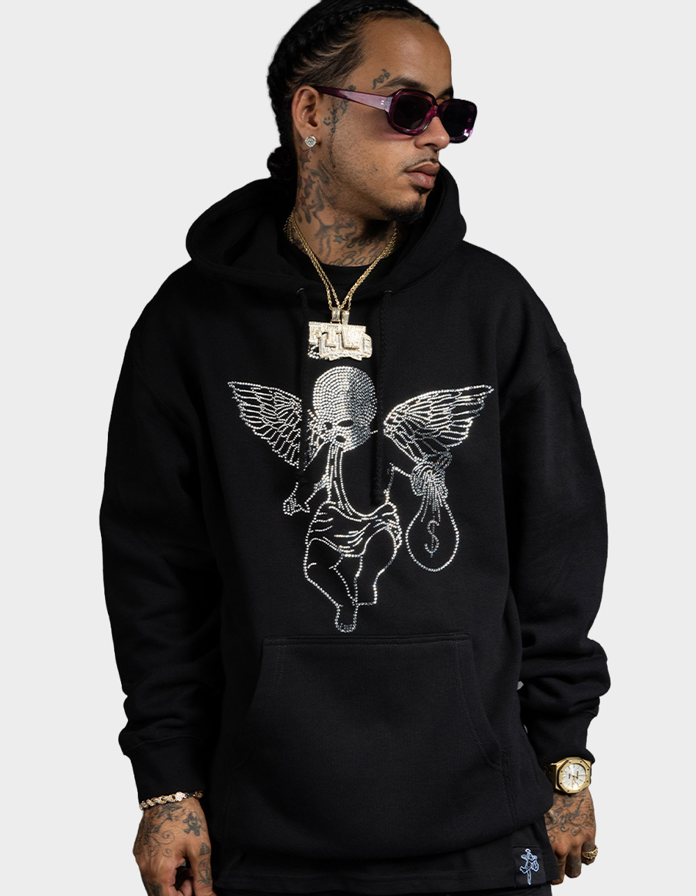 HASTAMUERTE Rhinestone Ski Mask Angel Mens Hoodie - BLACK
