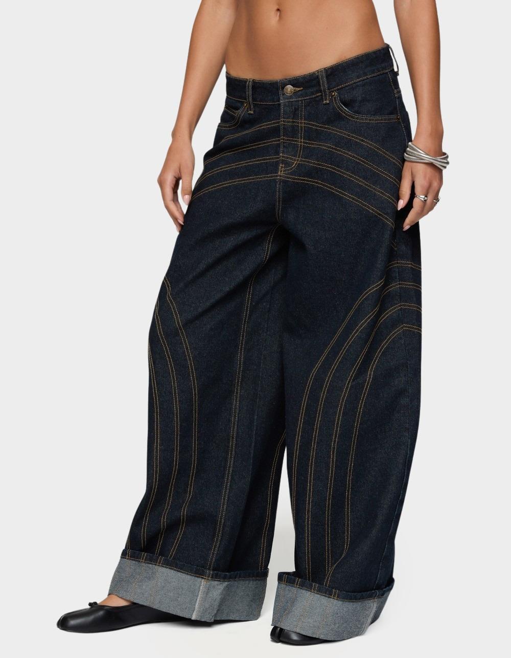 EDIKTED Cuffed Low Rise Wide Leg Jeans - DARK BLUE