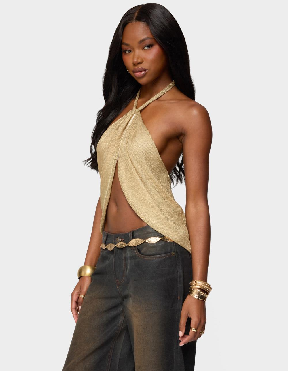 EDIKTED Stasia Sparkly Knit Split Front Top - GOLD