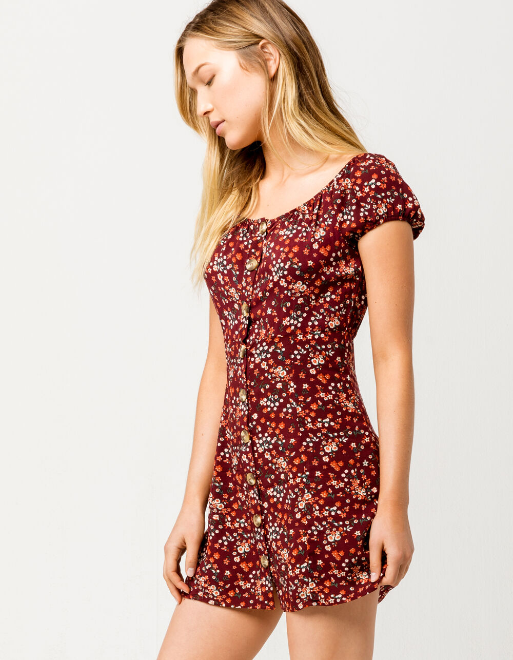 SKY AND SPARROW Floral Peasant Burgundy Dress image number 1