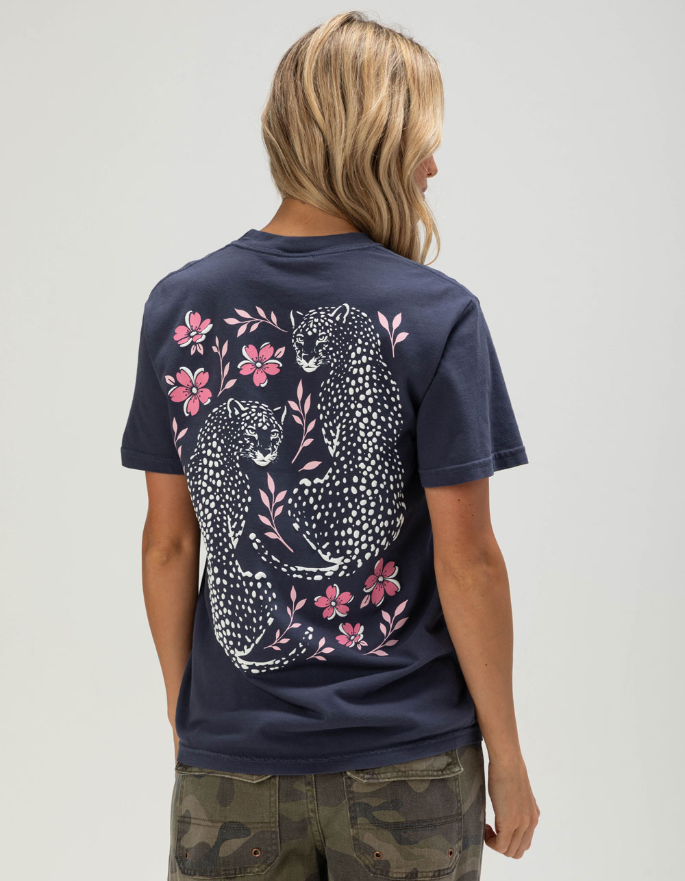 RIOT SOCIETY Cheetah Blossom Womens Tee - NAVY