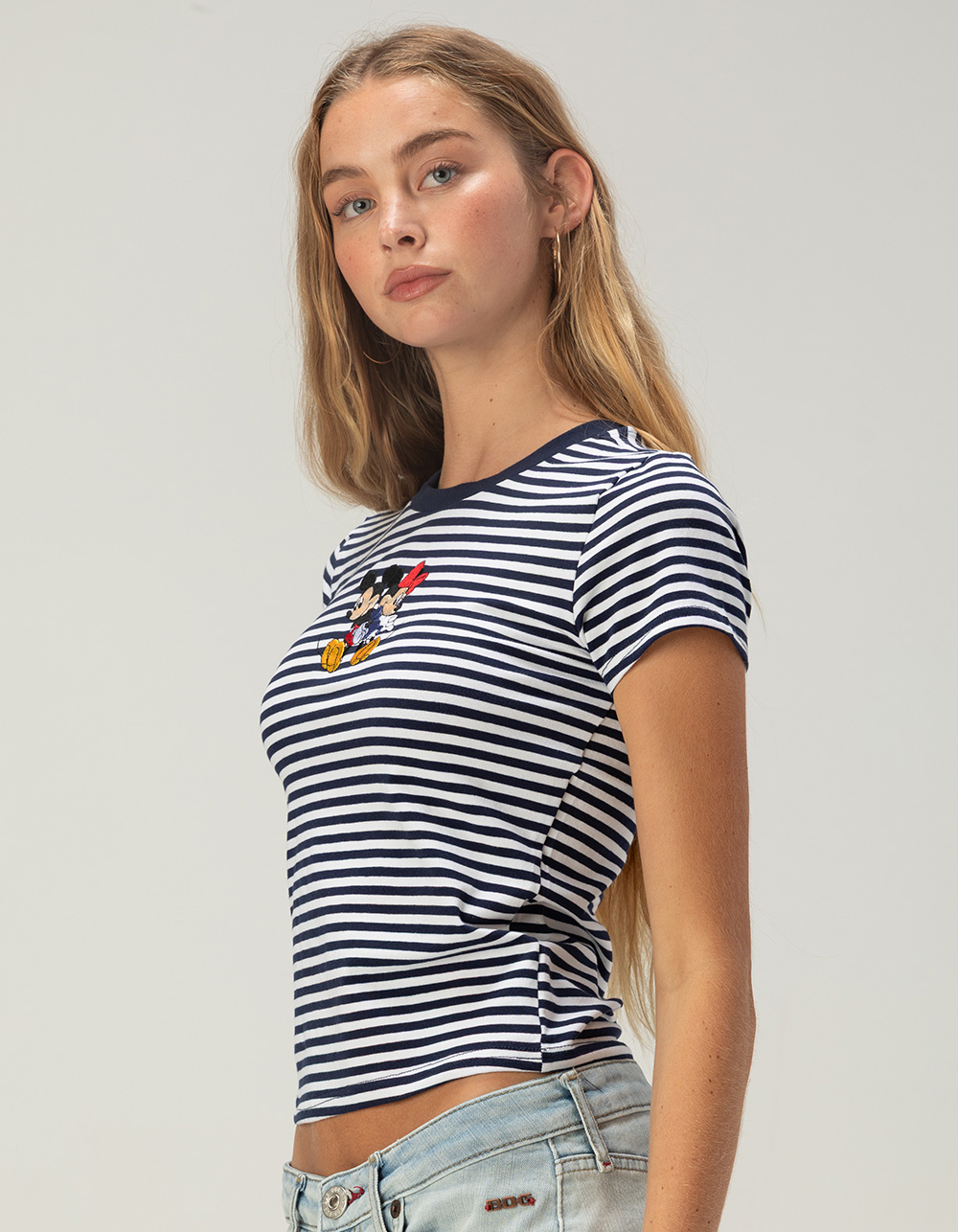 DISNEY Minnie And Mickey Womens Embroidered STRIPE Baby Tee