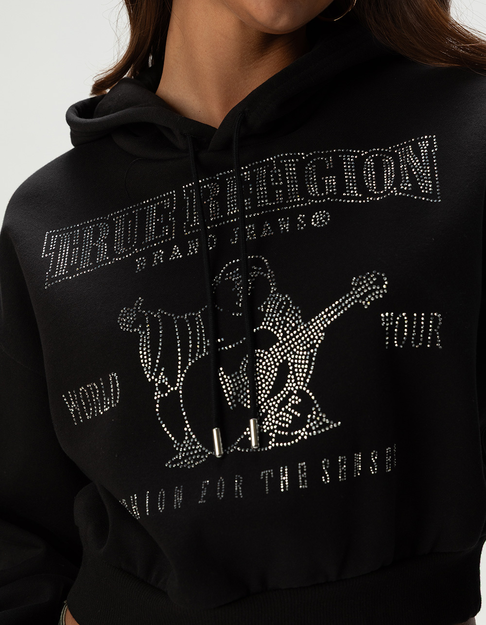 TRUE RELIGION Crystal Logo Womens Crop Hoodie - BLACK