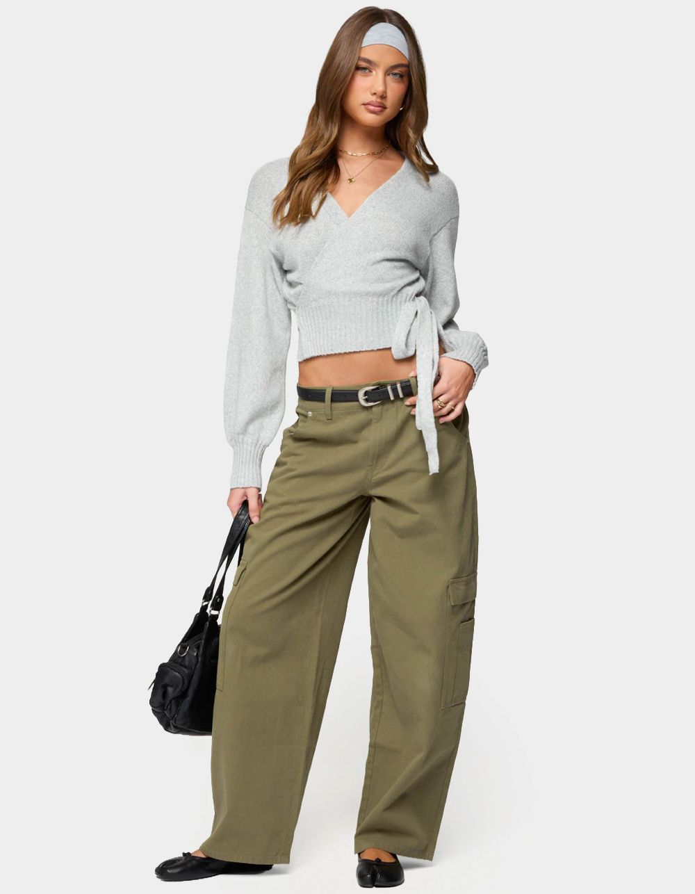 EDIKTED Jadah Low Rise Baggy Cargo Pants - DK GREEN