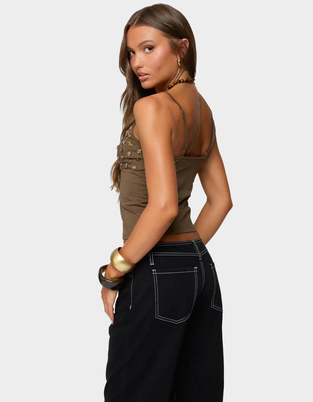 EDIKTED Nora Buttons V-Neck Tank Top - BROWN