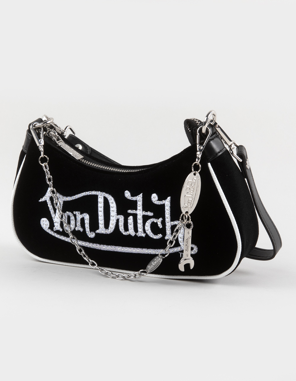 VON DUTCH Rhinestone Velvet Shoulder Bag - BLACK