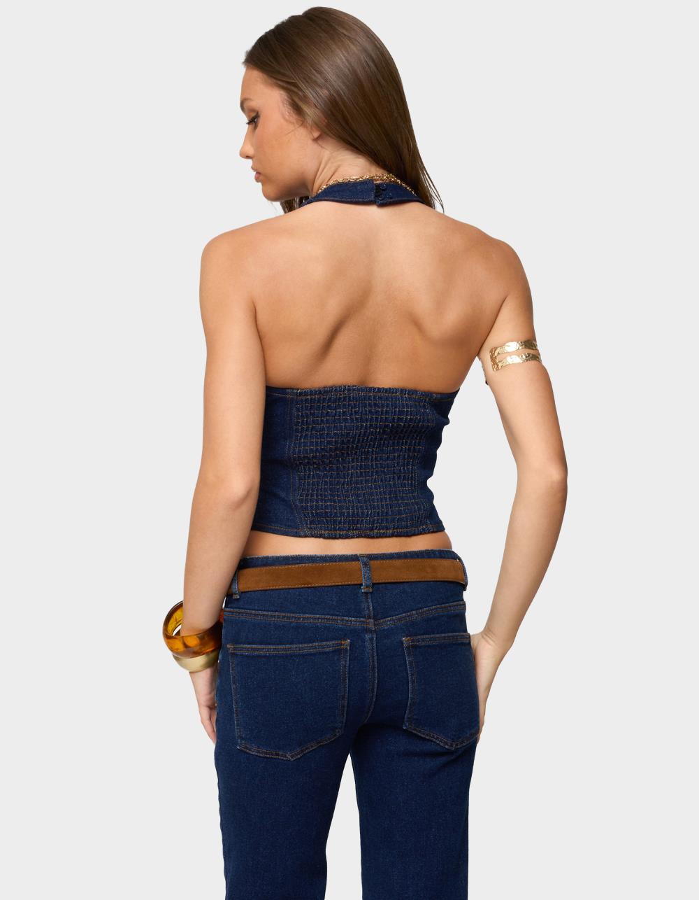 EDIKTED Jemima Contrast Stitch Denim Halter Top - DARK BLUE