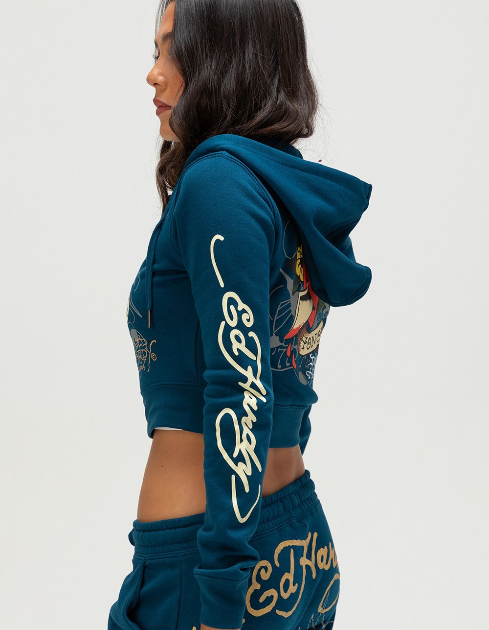 ED HARDY Love Kills Slow Skull Womens Zip-Up Hoodie - NAVY