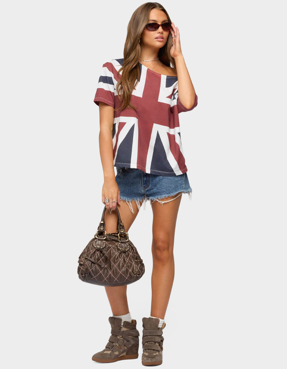 EDIKTED Union Jack Off Shoulder Tee - NAVY