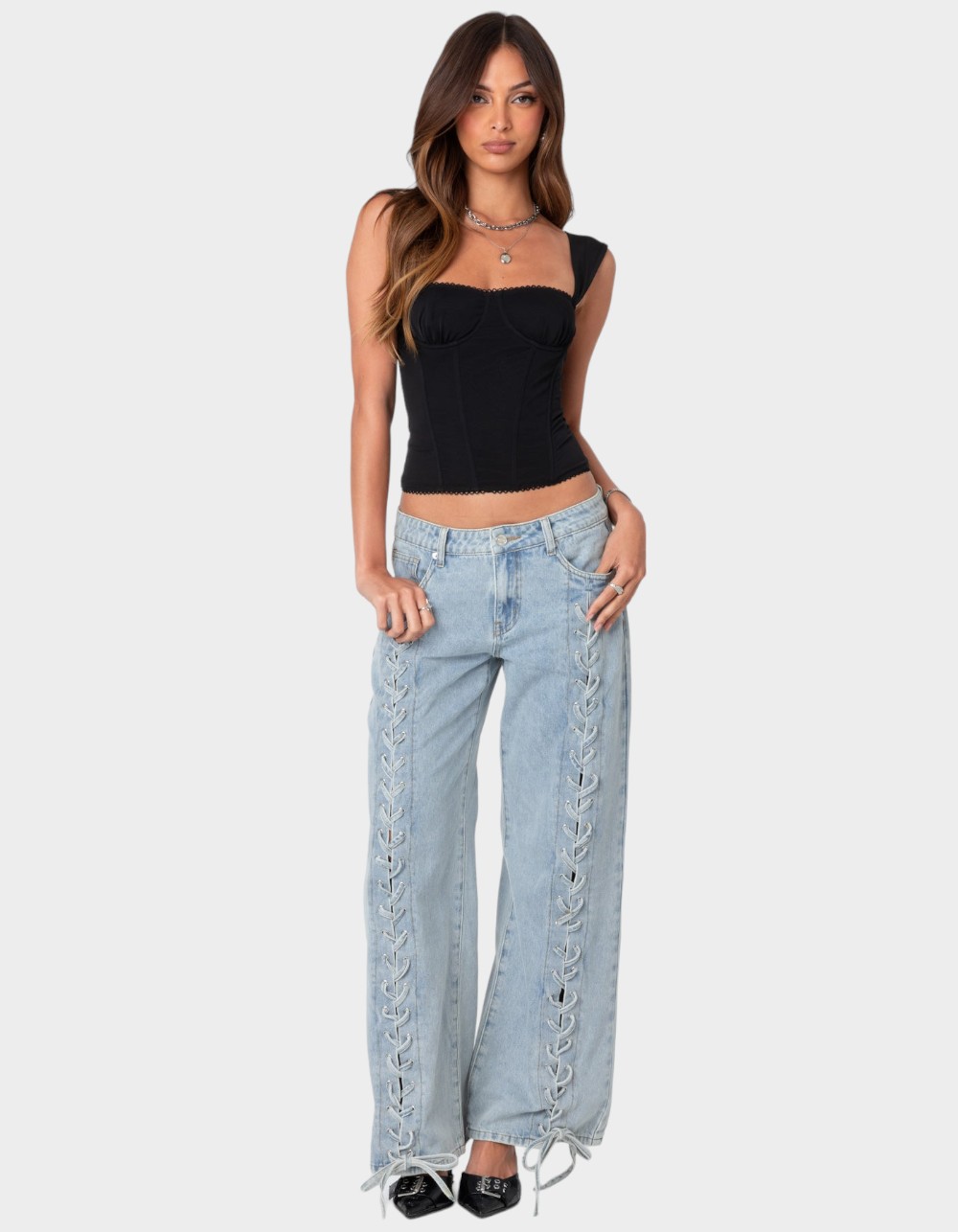 EDIKTED Marcella Wide Strap Mesh Corset - BLACK