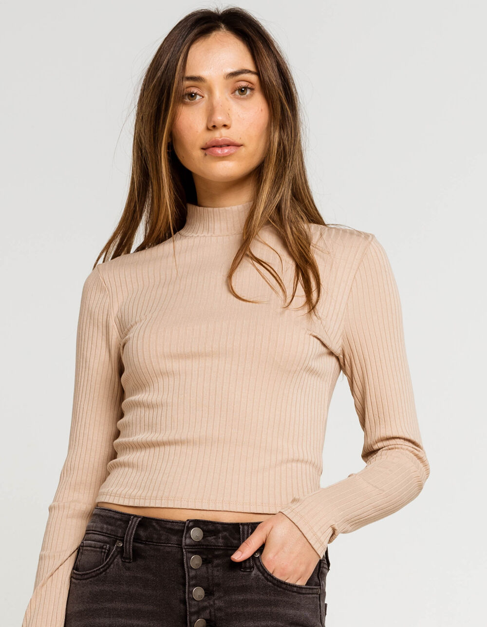 Solid Rib Womens Camel Mock Neck Top 