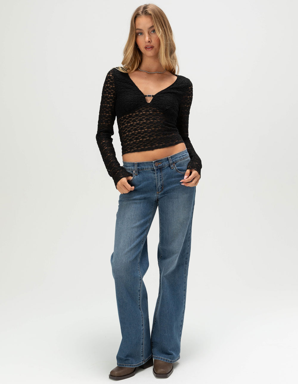 FULL TILT Texture Hardware Womens Long Sleeve Top - BLACK