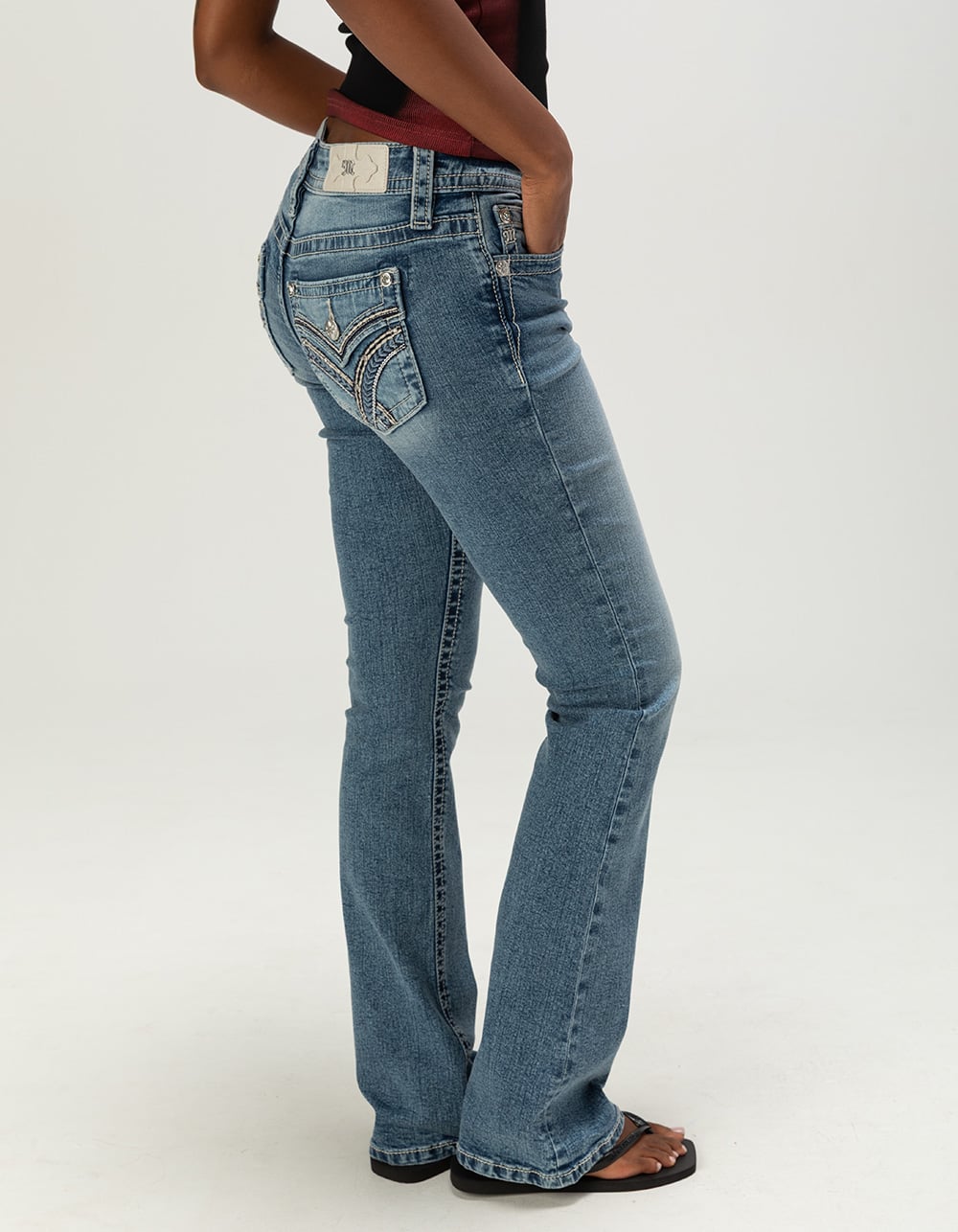 MISS ME X Pocket Womens Mid Rise Bootcut Jeans - MEDIUM WASH