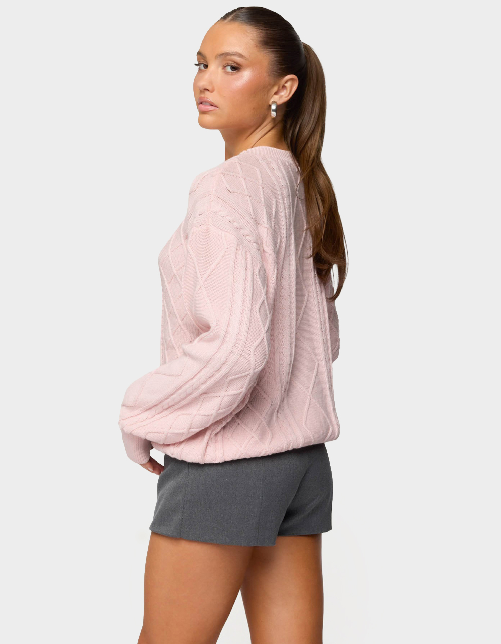 EDIKTED Jessy Cable Knit Oversized Sweater - LIGHT PINK