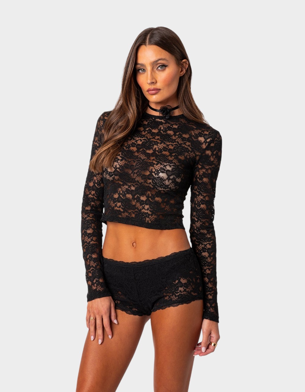 EDIKTED Estella Sheer Lace Top - BLACK