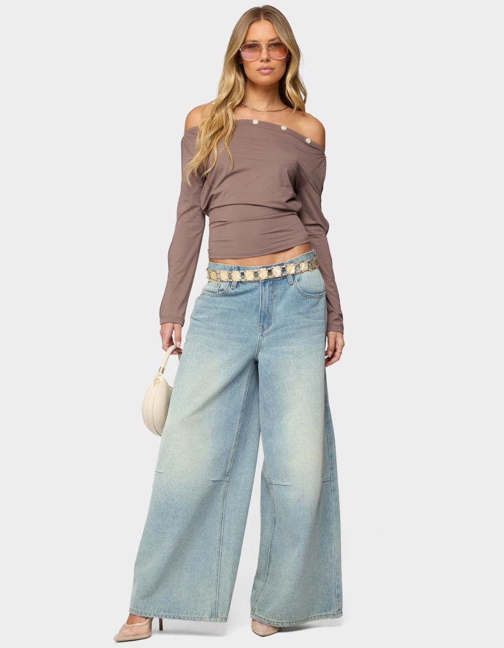 EDIKTED Ronee Off Shoulder Button Cutout Top - BROWN