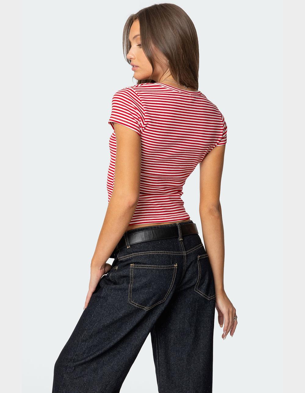 EDIKTED Kady Striped Henley Tee - RED