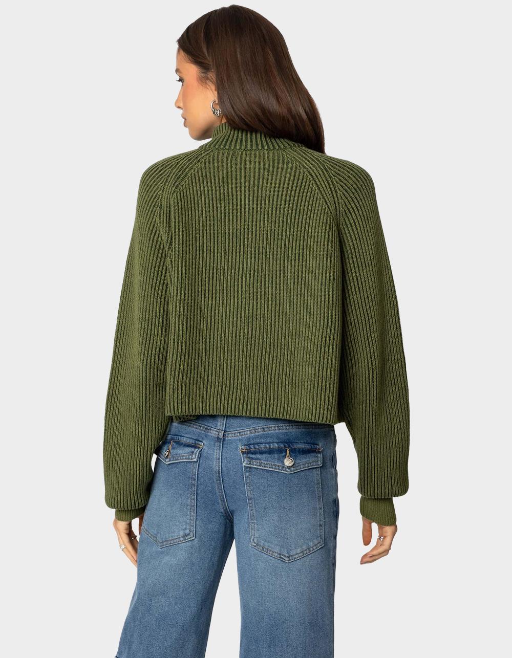 EDIKTED Cropped Rib Knit Half Zip Sweater - DK GREEN