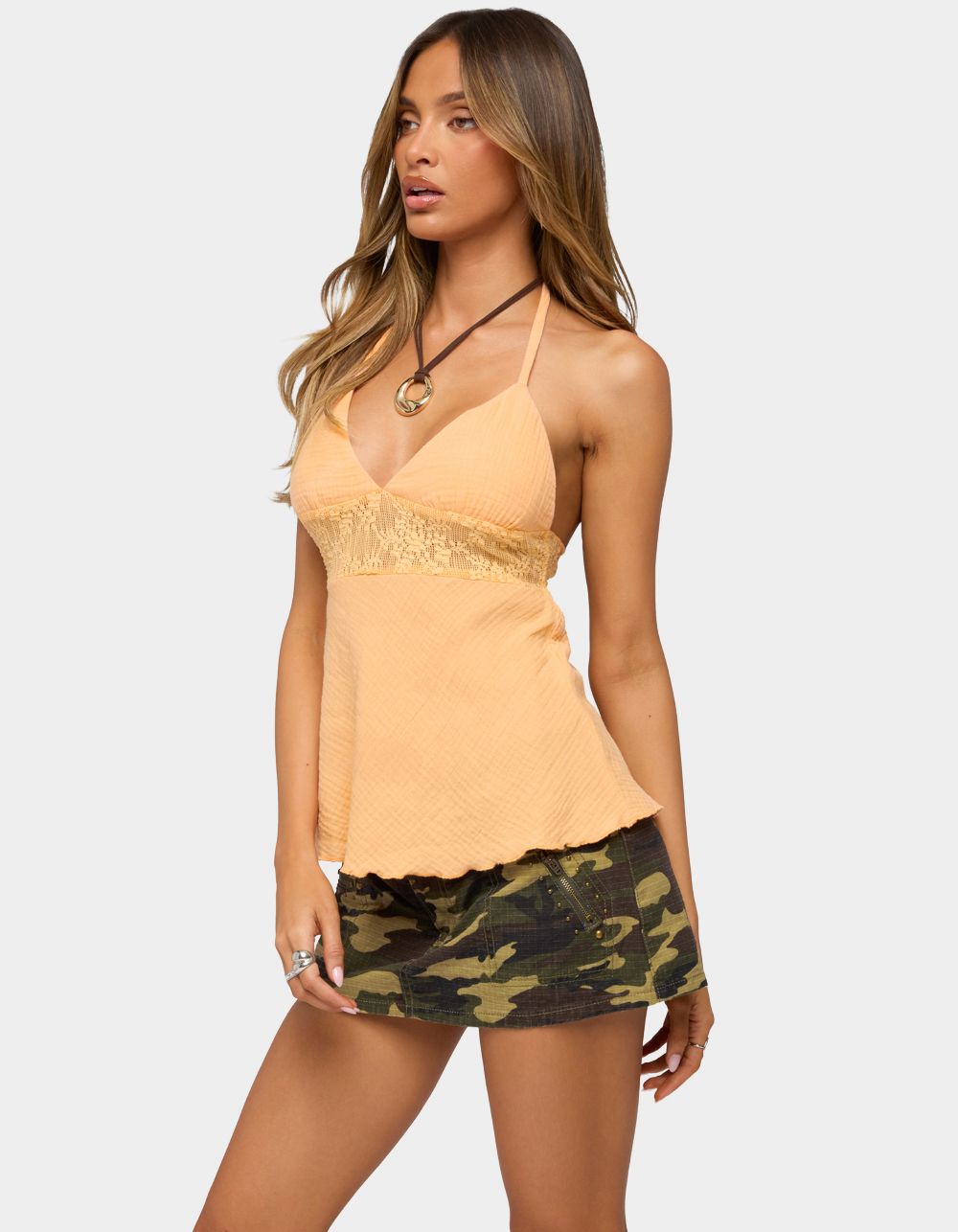 EDIKTED Lacey Cotton Gauze Halter Top - ORANGE