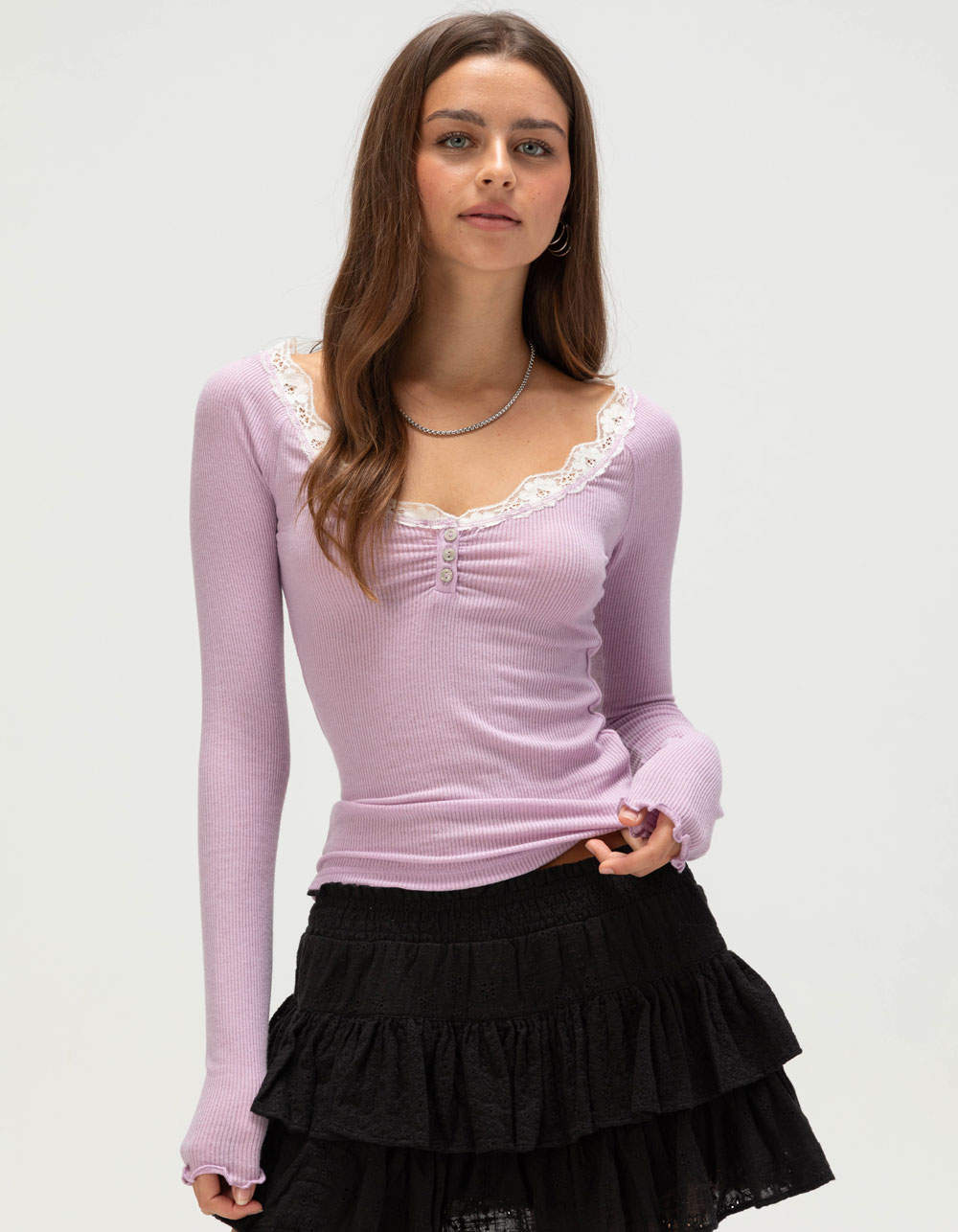 BDG Urban Outfitters Diana Layering Womens Lace Trim Henley Top - LILAC