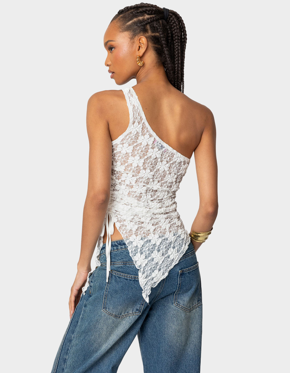 EDIKTED Lacey Sheer Asymmetric Drawstring Top - BEIGE
