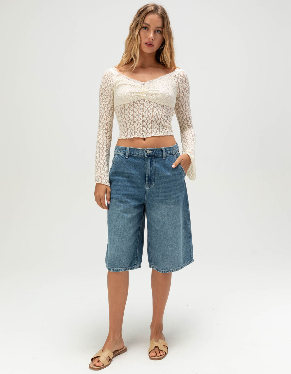 FULL TILT Womens Off The Shoulder Lace Top - CREAM