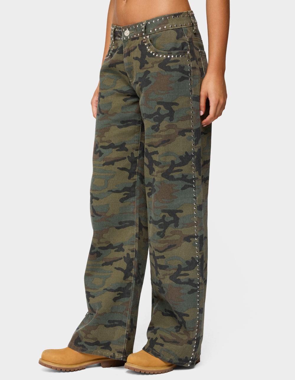 EDIKTED Quincy Studded Low Rise Baggy Jeans - DK GREEN