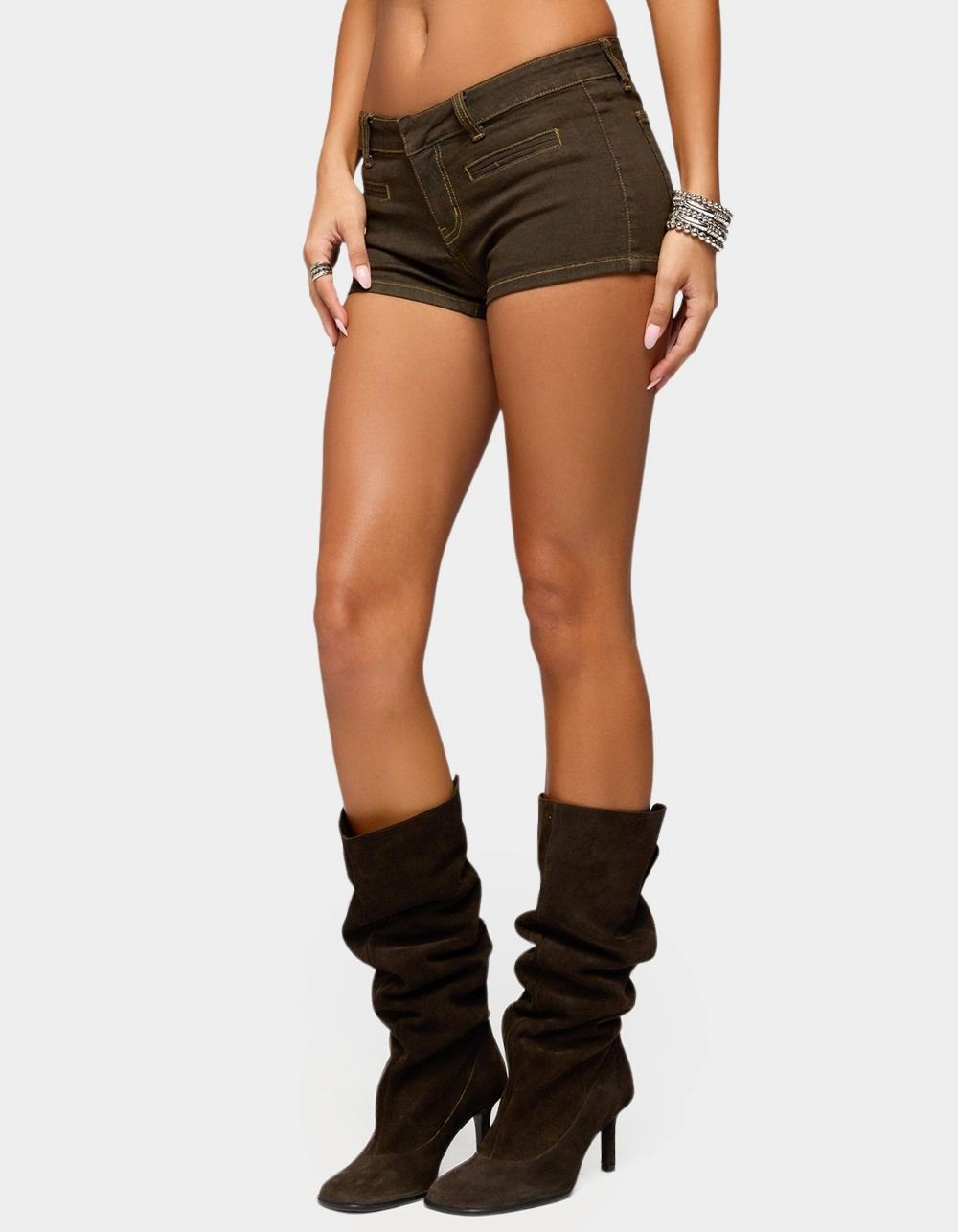 EDIKTED Alita Low Rise Denim Micro Shorts - BROWN