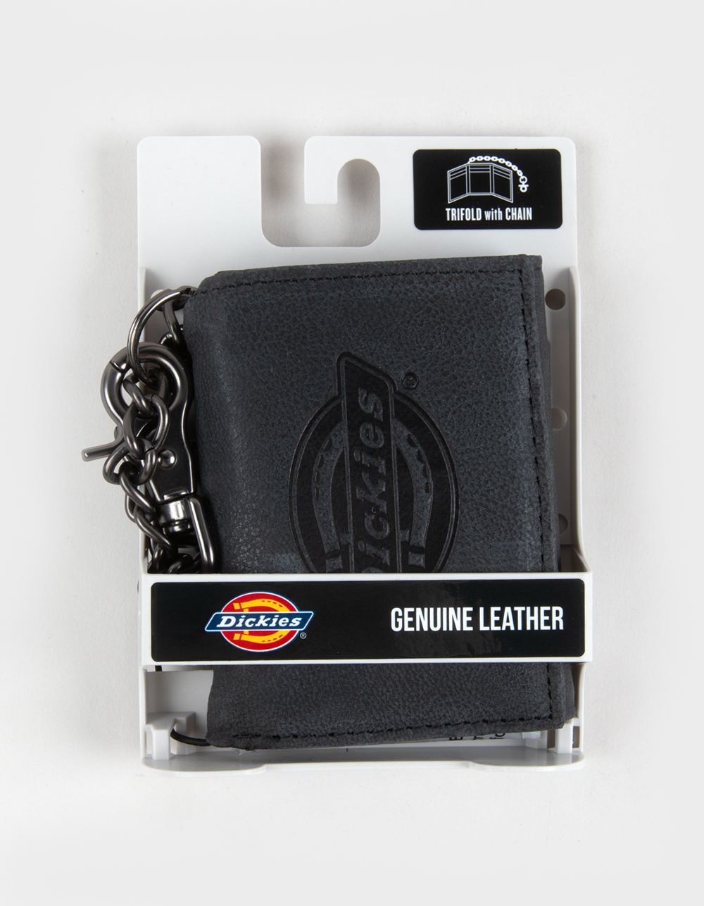 DICKIES Genuine Leather Trifold Wallet with Chain - BLACK
