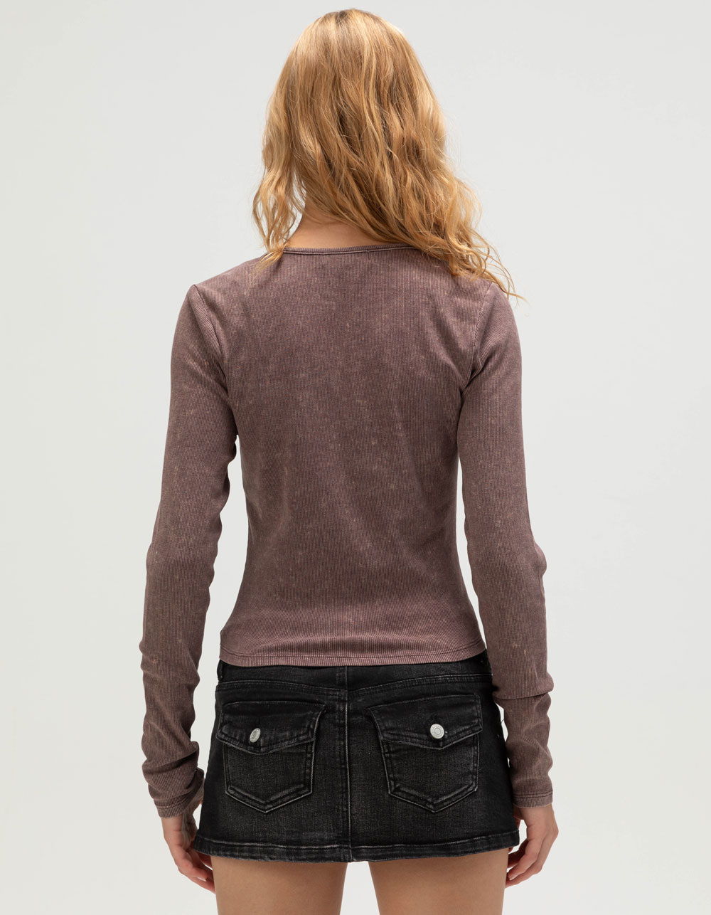 RSQ Womens Washed Notch Long Sleeve Top