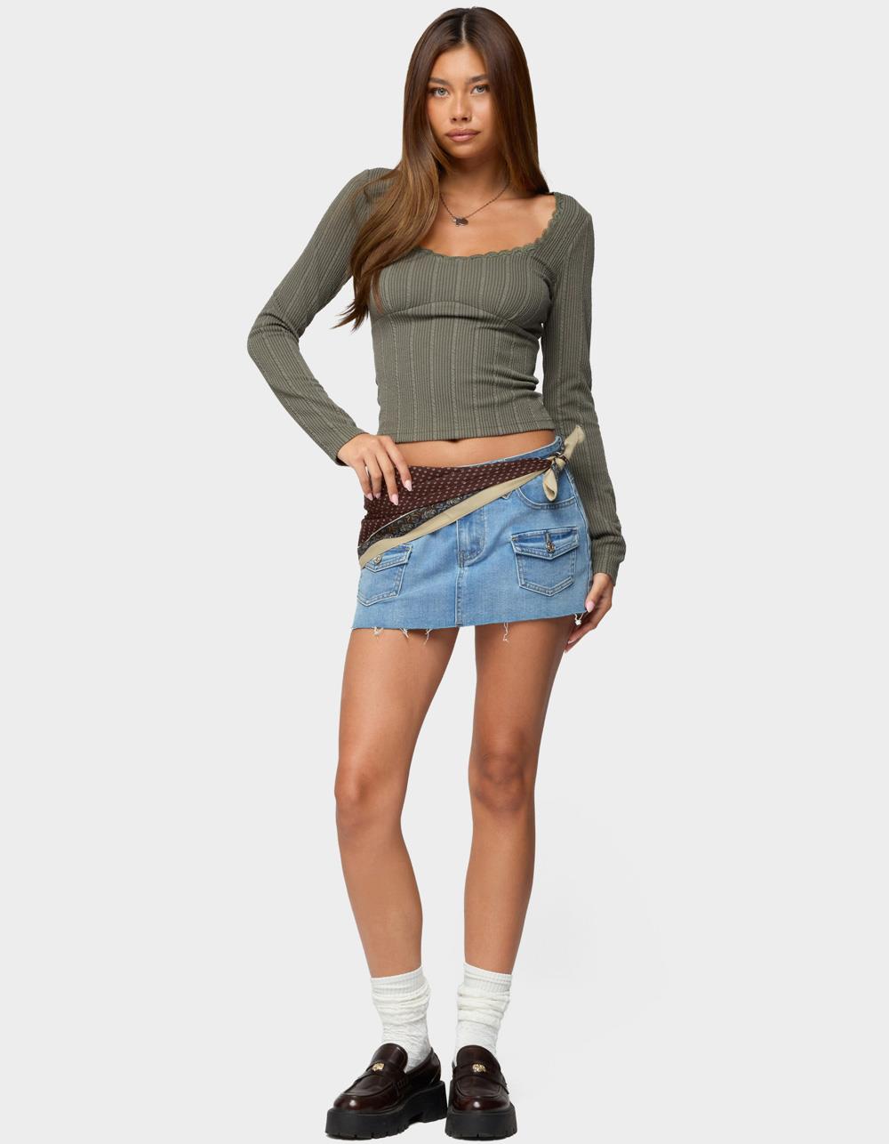 EDIKTED Beatrix Lacey Ribbed Top - DK GREEN