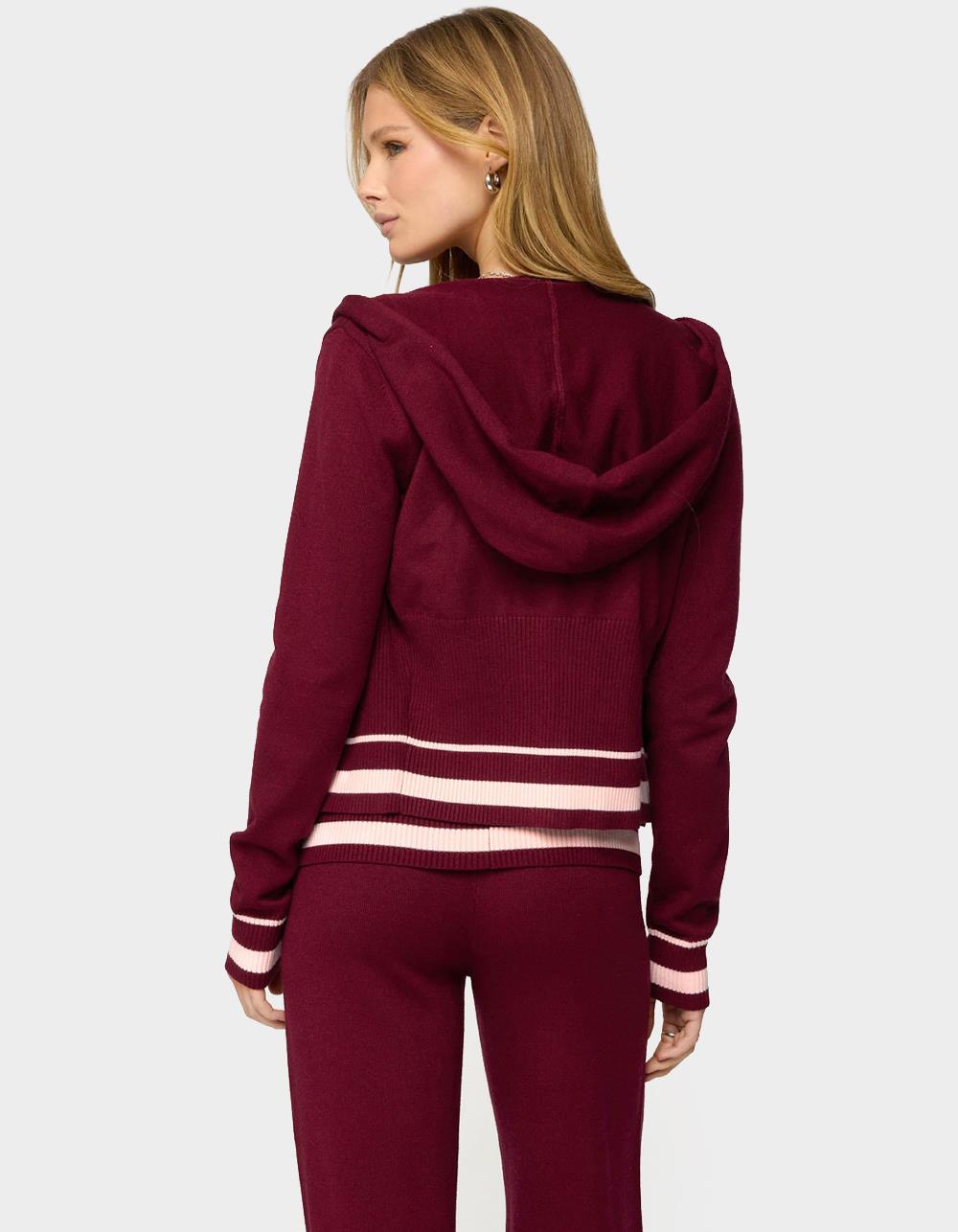 EDIKTED Kaliya Stripey Knit Zip Up Hoodie - DK RED