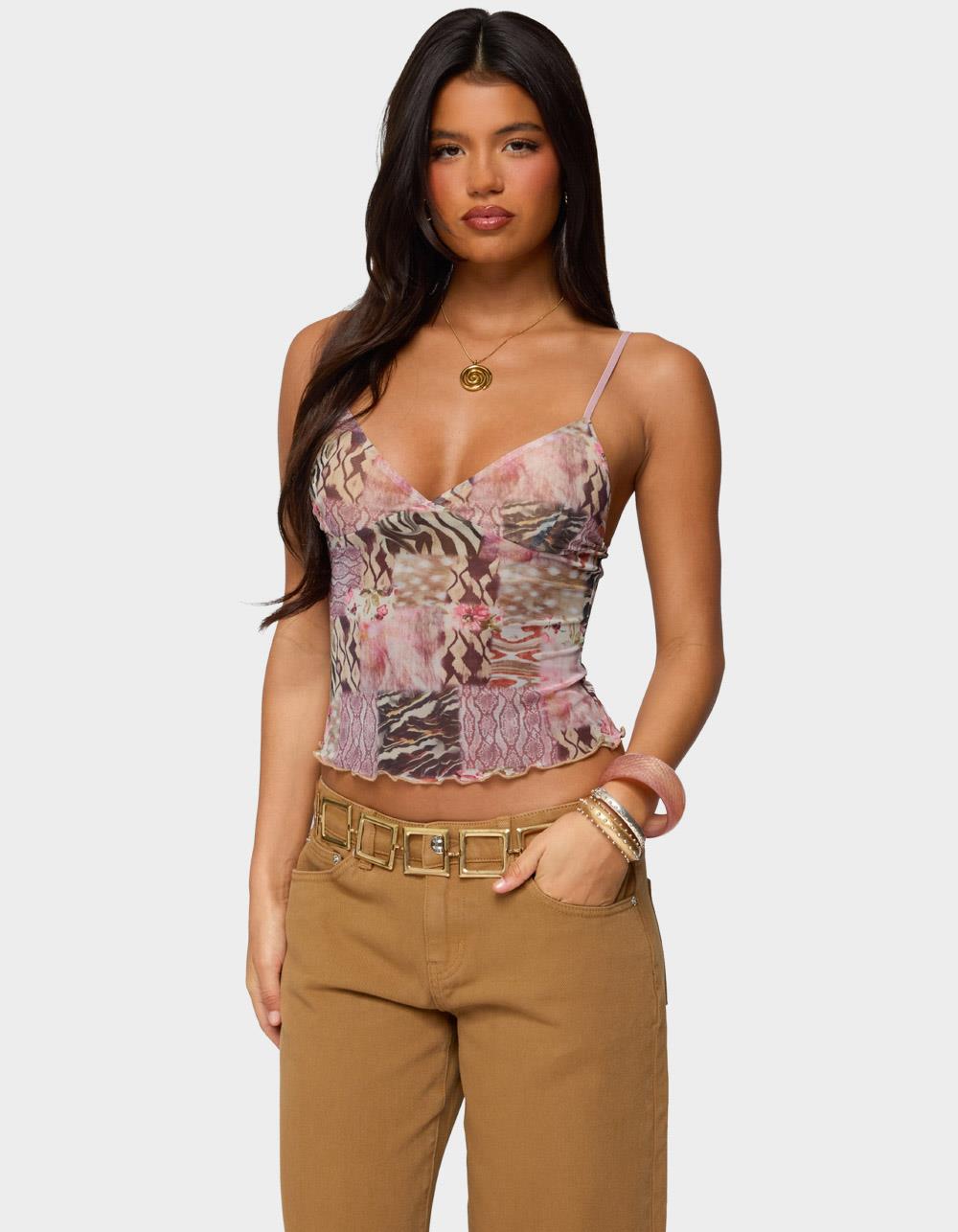 EDIKTED Mixed Animal Print Mesh Tank Top