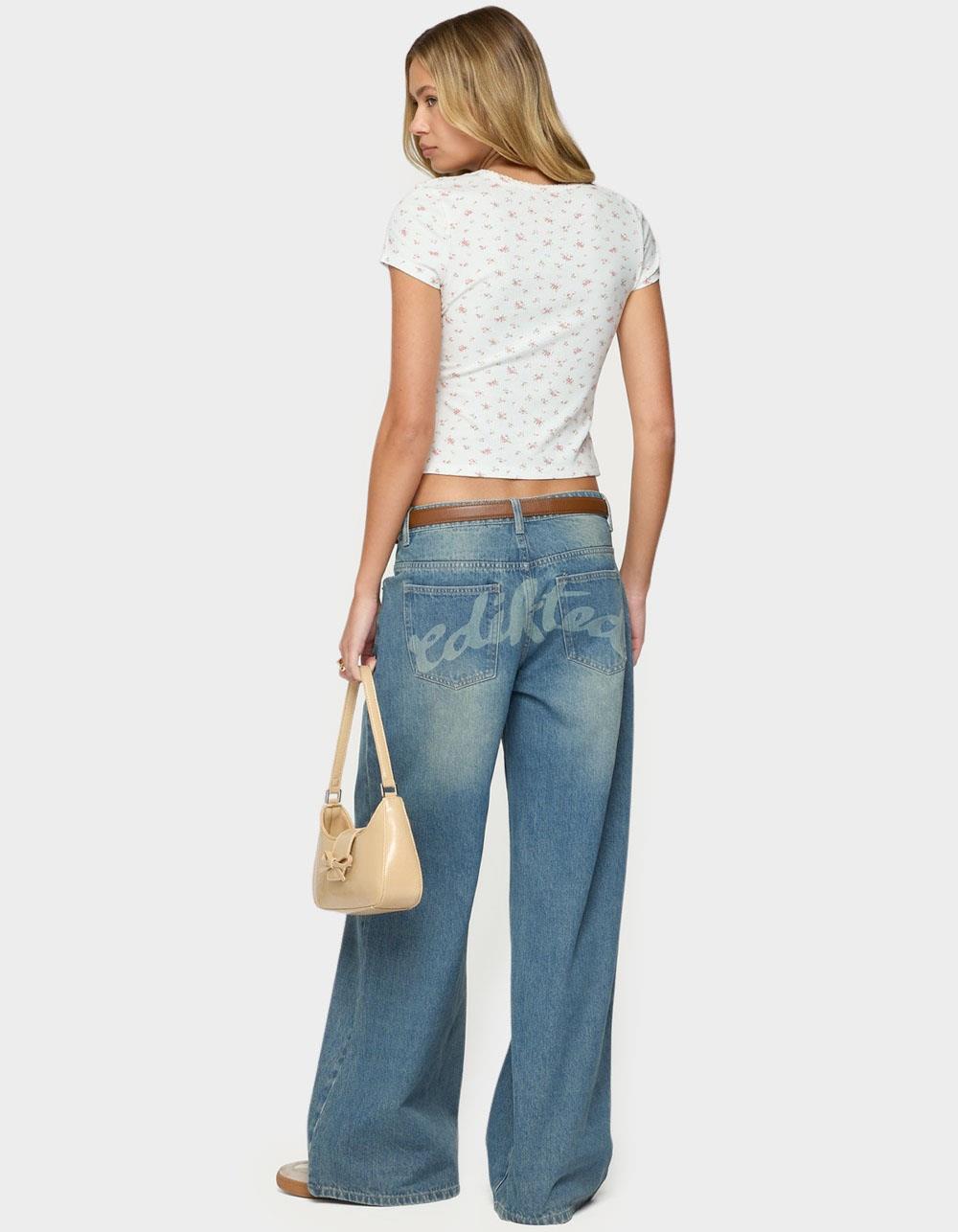 EDIKTED Graphic Vintage Washed Low Rise Jeans - BLUE - M