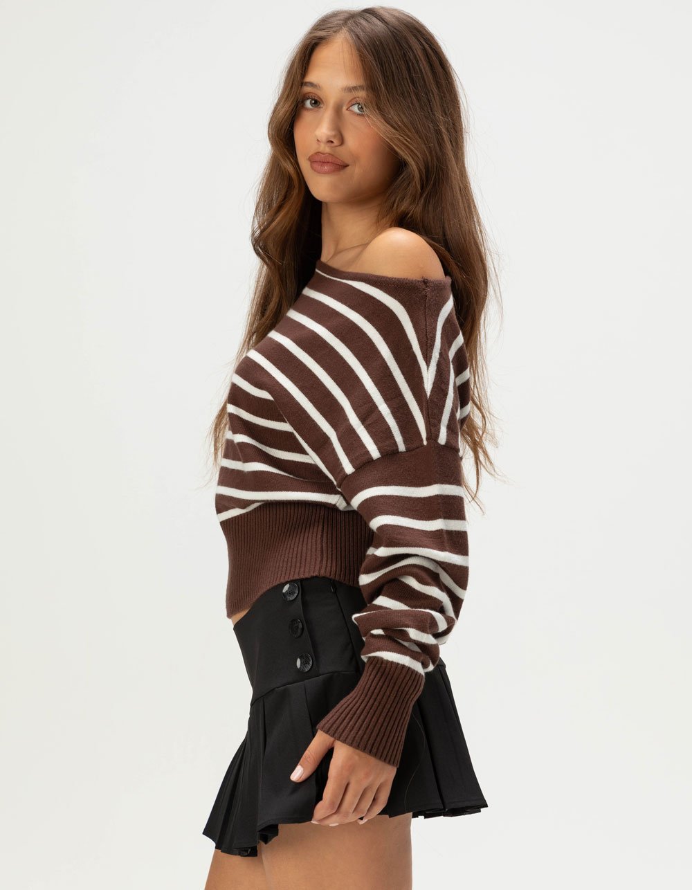 RSQ Womens High Rib Stripe Off The Shoulder Sweater - BROWN