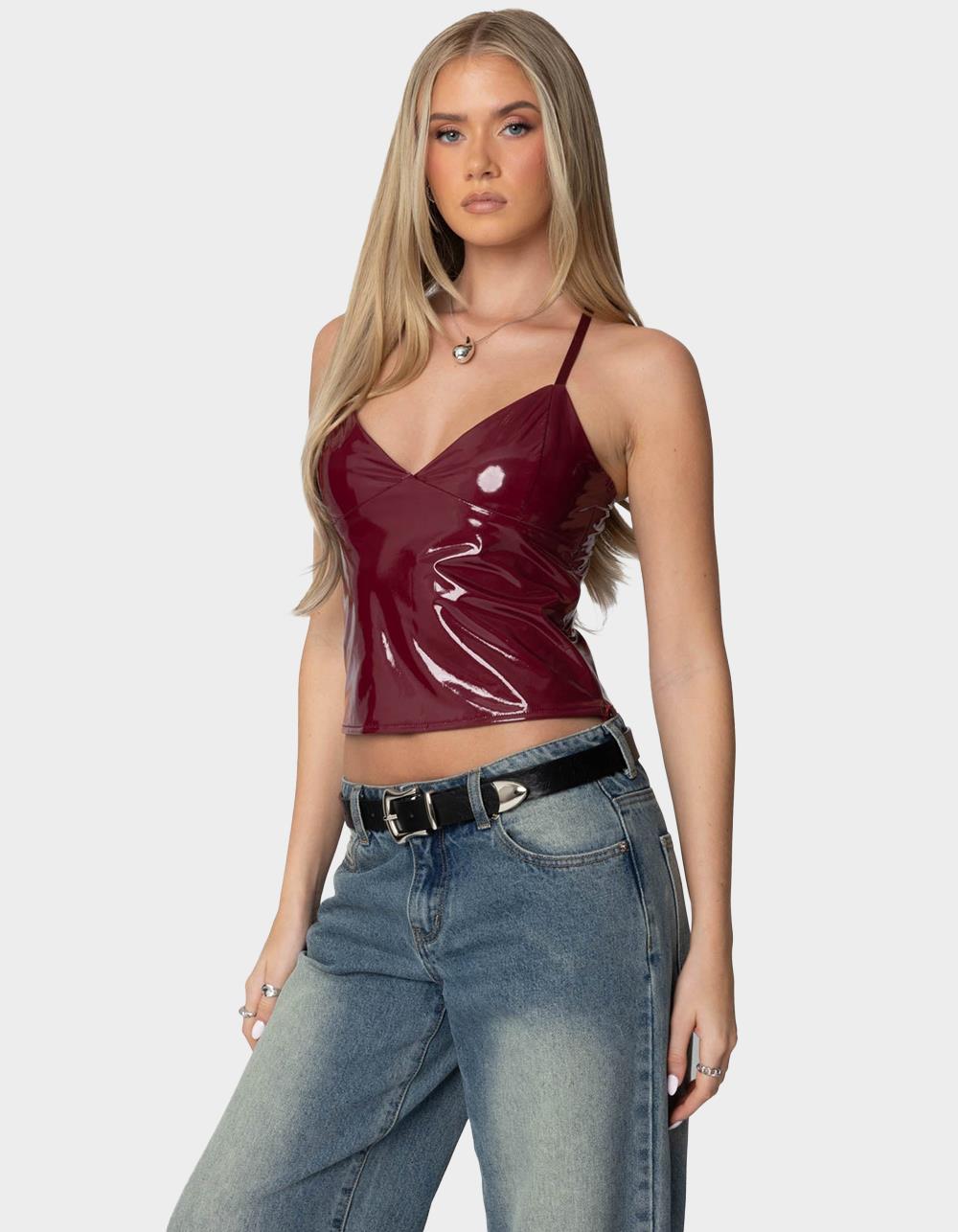 EDIKTED Carmie Vinyl Tank Top - DK RED