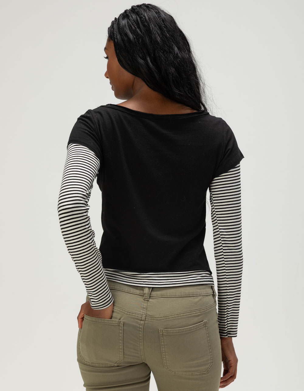 FULL TILT Stripe Womens Long Sleeve 2fer Tee - BLK/WHT