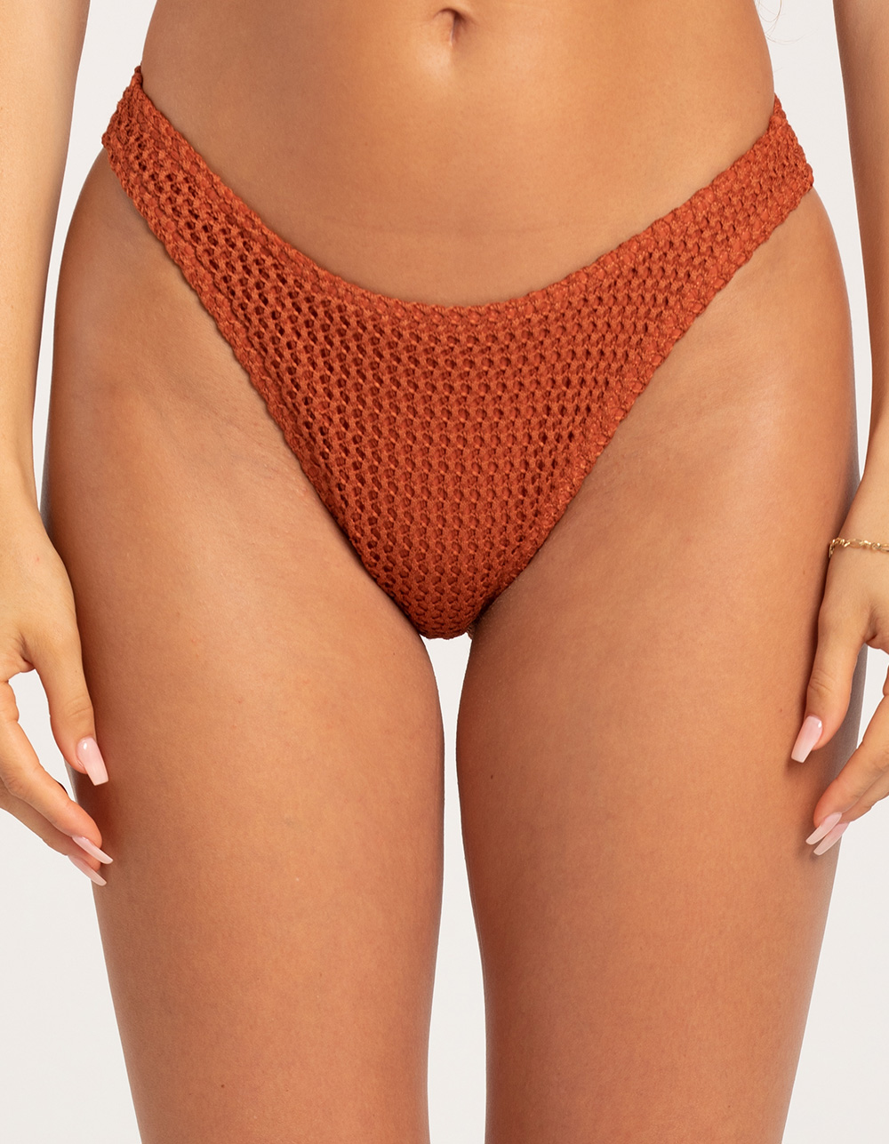 DAMSEL Texture Crochet High Leg Bikini Bottoms - RUST