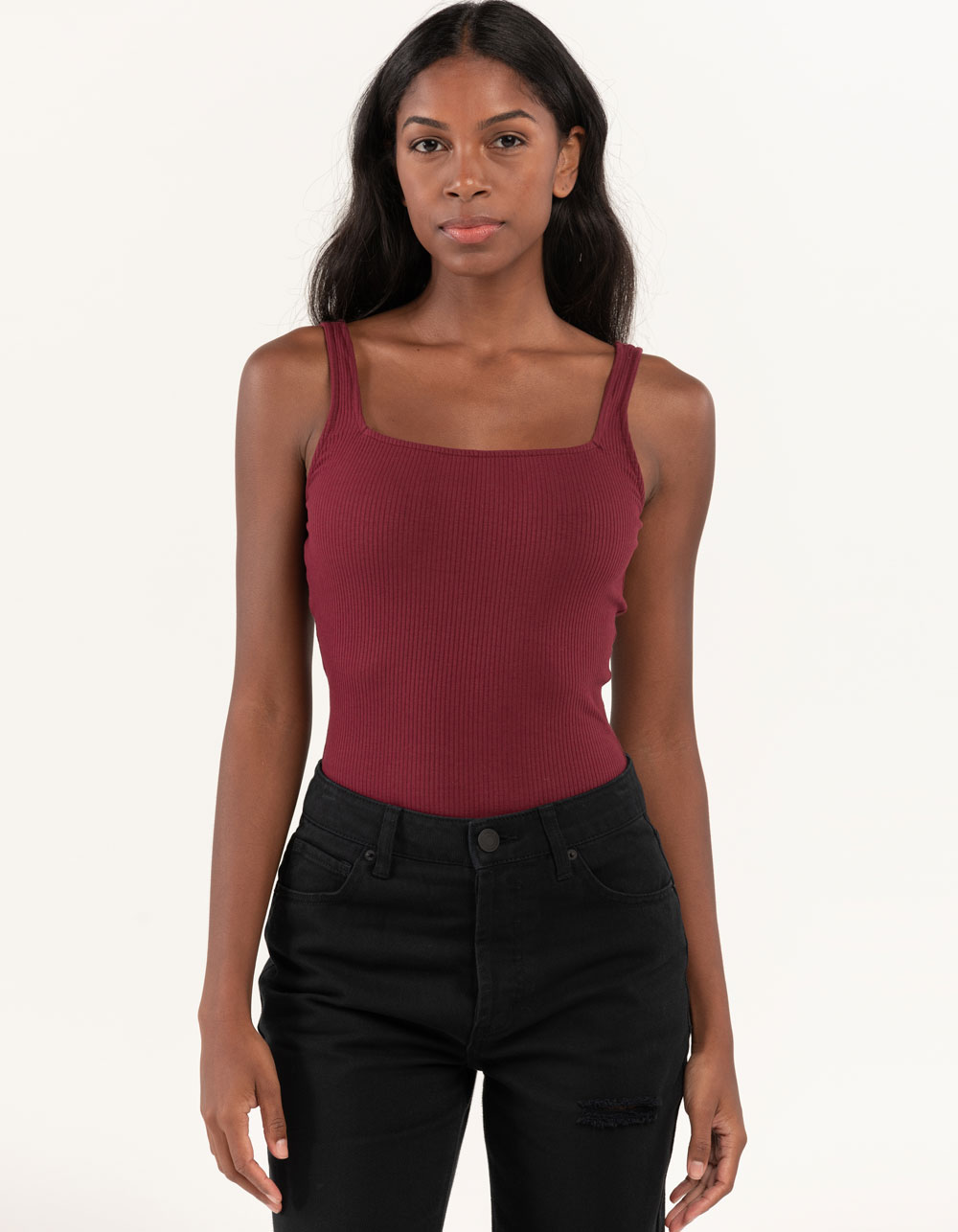 RSQ Womens Square Neck Tank Bodysuit - BURGUNDY