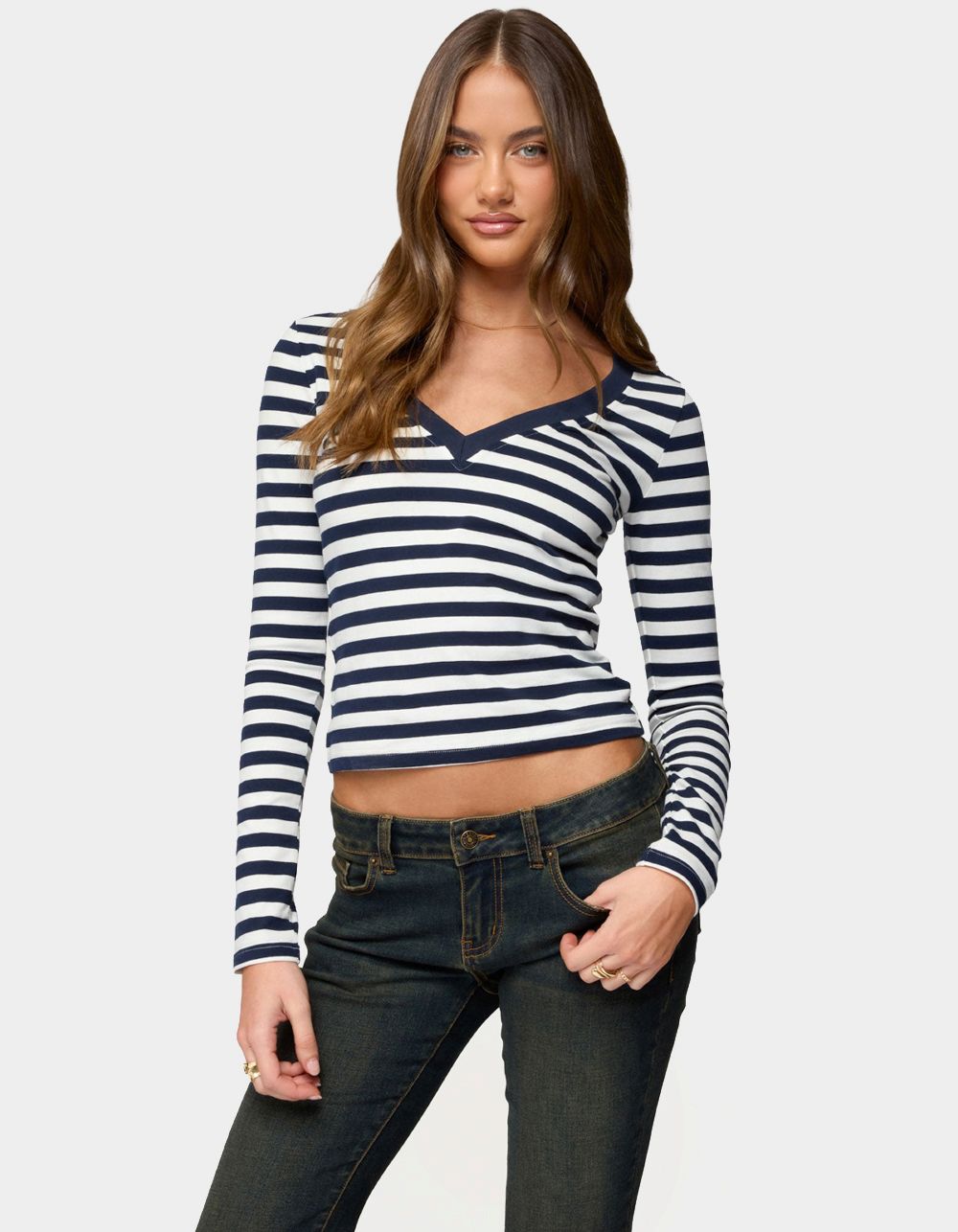 EDIKTED Solly Striped Long Sleeve Tee - NAVY