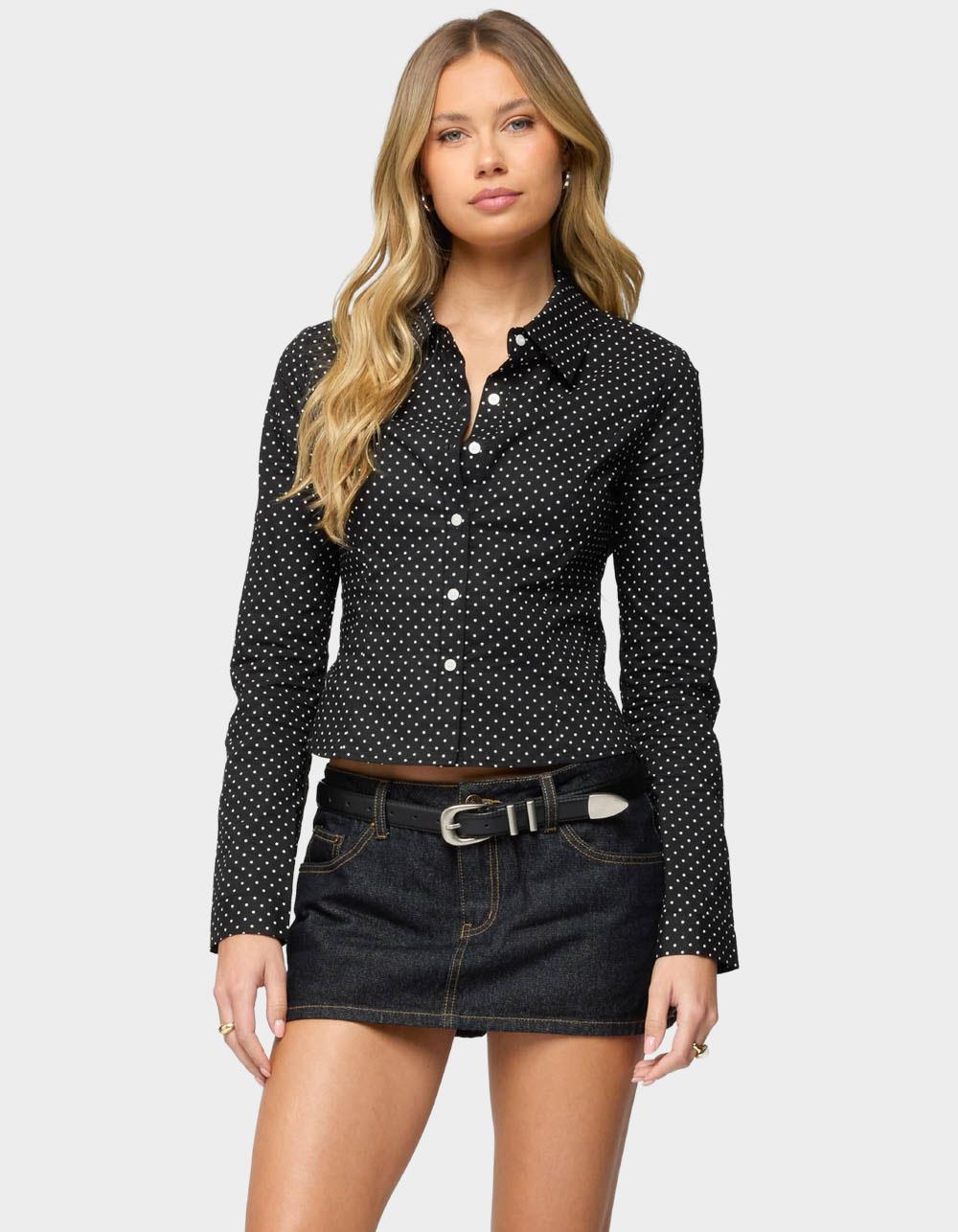 EDIKTED Ilia Polka Dot Button Up Shirt - BLACK