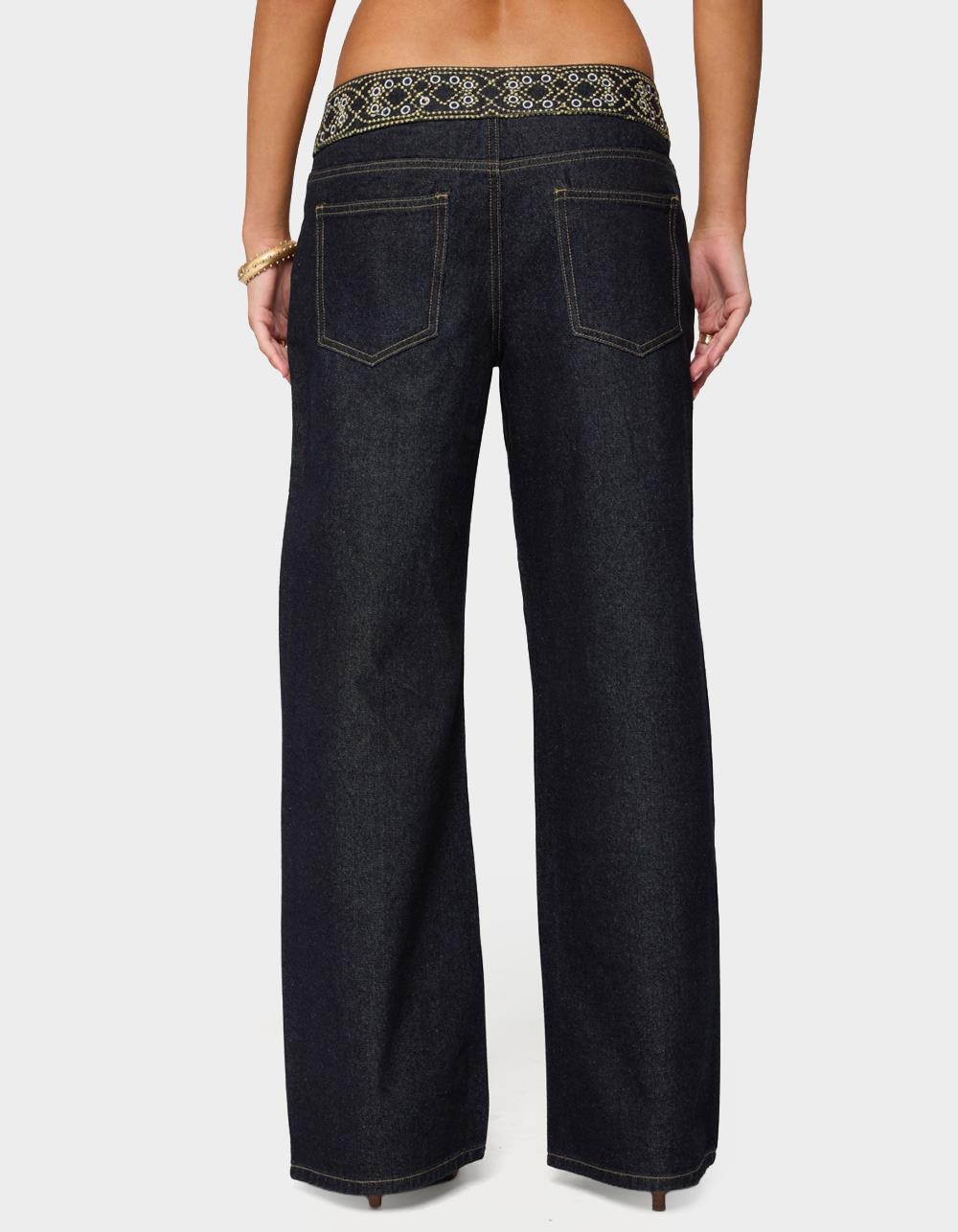 EDIKTED Carlie Embroidered Low Rise Wide Leg Jeans - DARK BLUE
