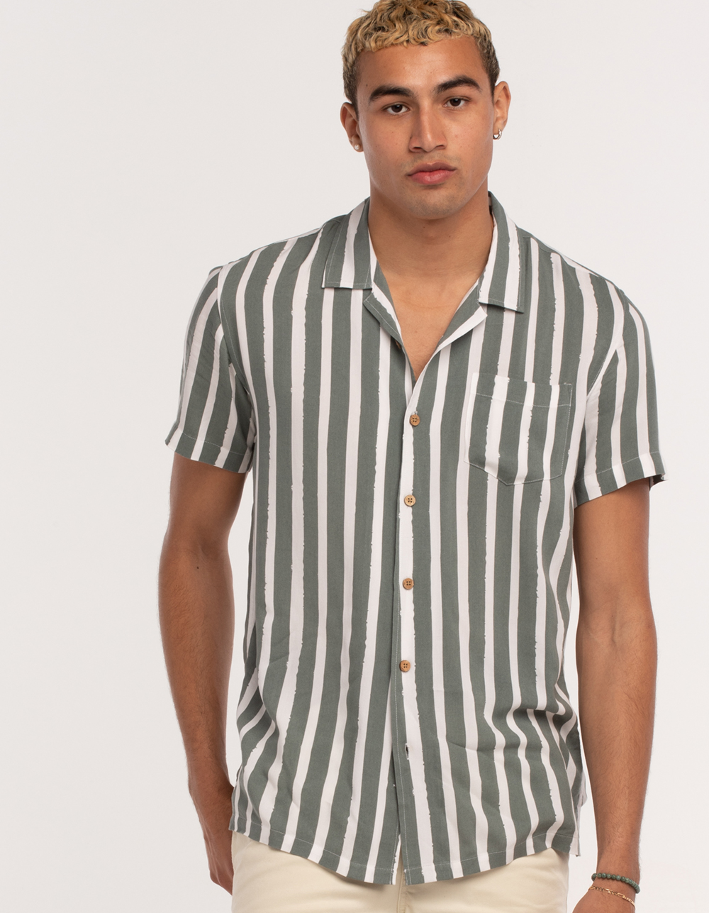 RSQ Striped Mens Button Up Shirt - WHT/GREEN | Tillys