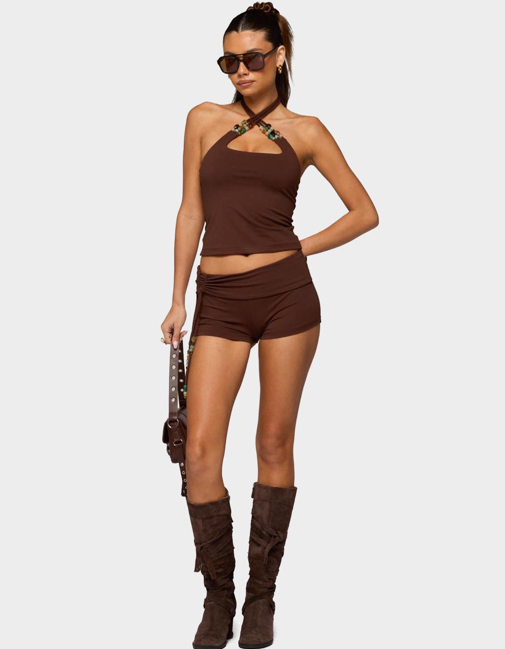 EDIKTED Thia Ruched Bead Foldover Shorts - DARK BROWN