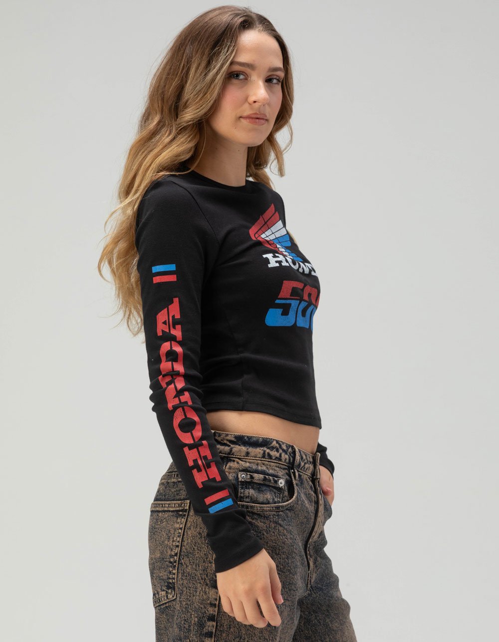 HONDA 500 Womens Long Sleeve Baby Tee - BLACK