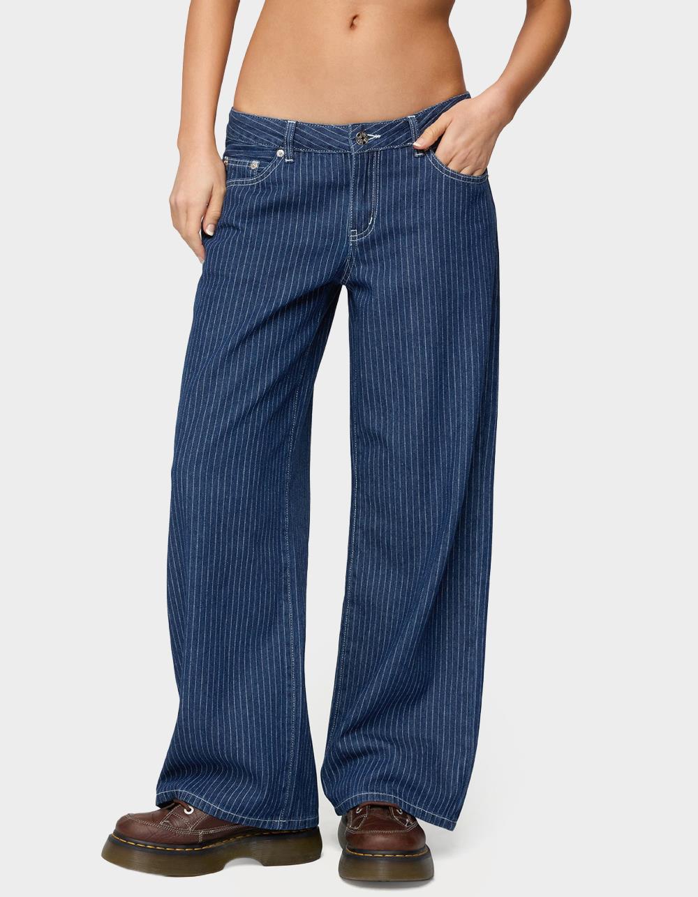 EDIKTED Petite Pinstripe Low Rise Baggy Jeans - NAVY